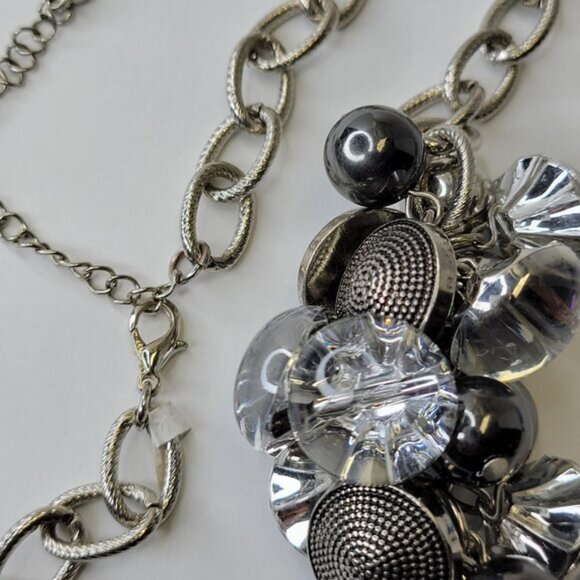 Statement Necklace Silver Tone Crystal Buttons Beads Charms Clusters Necklace - Picture 8 of 11